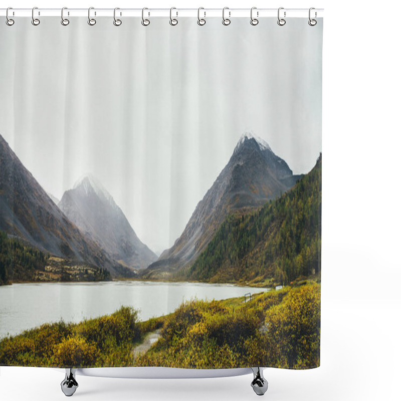 Personality  Scenic Landscape With Mountain Lake In Autumn Golden Valley Among Rocks With Snow In Fog. Colorful Alpine Scenery With Gold Valley And Rocks In White Haze. Minimal View To Mountains In Autumn Colors. Shower Curtains