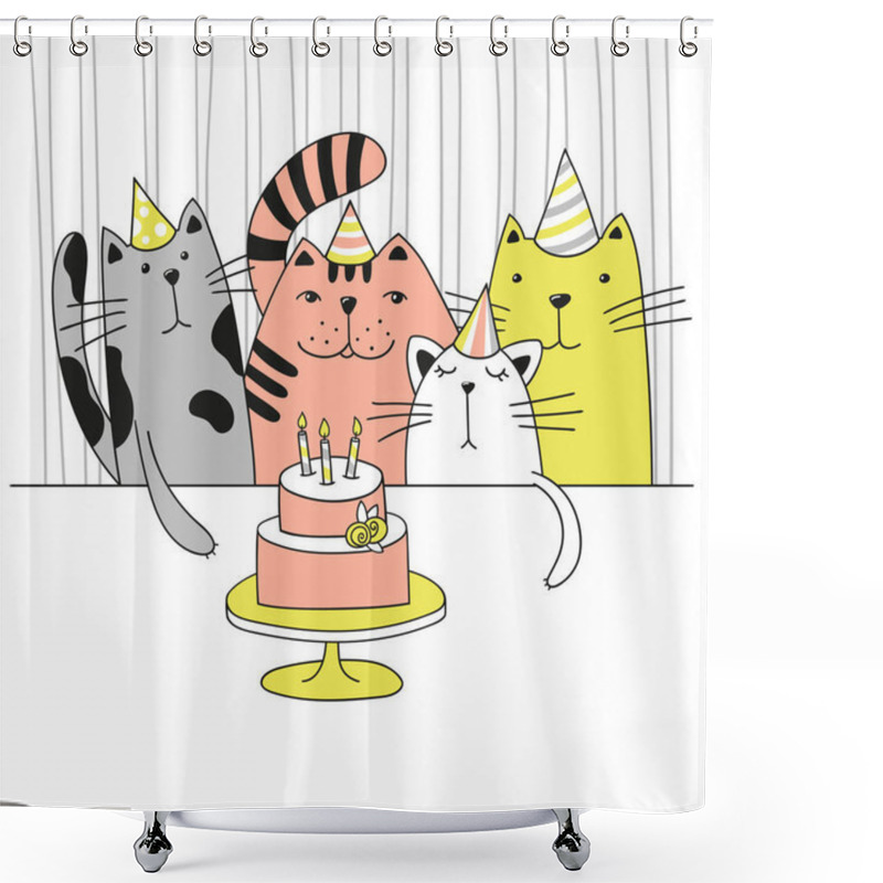 Personality  Four Cute Cartoon Cats In The Birthday Party. Vector Illustration. Shower Curtains