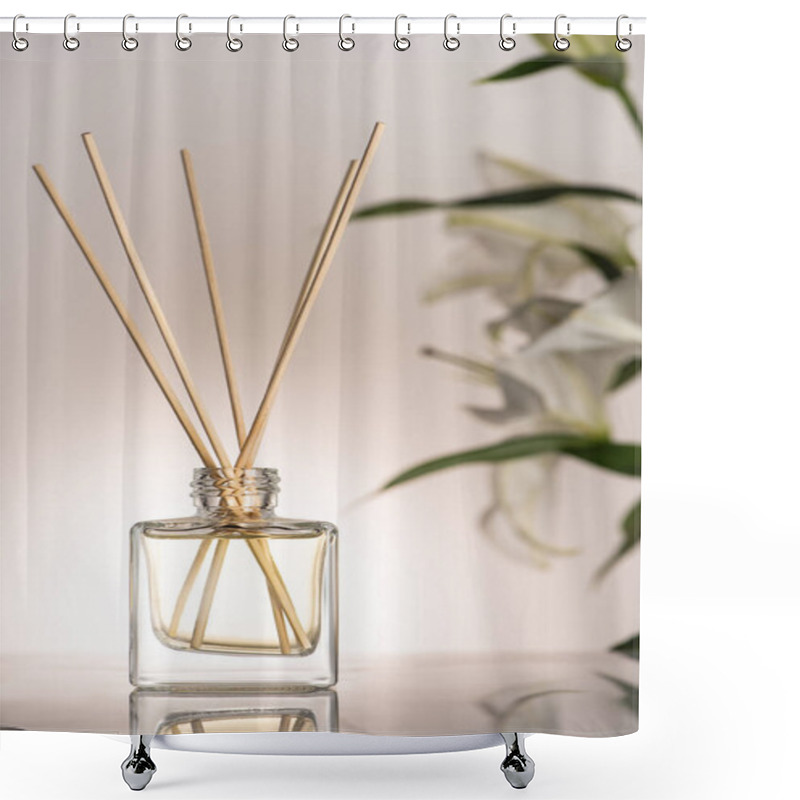 Personality  Selective Focus Of Wooden Sticks In Perfume In Bottle Near Lily Flowers On Beige Background Shower Curtains