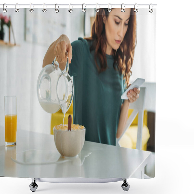 Personality  Woman Overfilling Bowl Of Flakes With Water While Sitting At Kitchen Table And Using Smartphone Shower Curtains