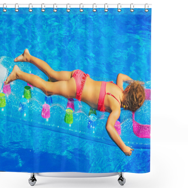 Personality  Little Girl Swimming On Inflatable Raft In Water Pool. Shower Curtains