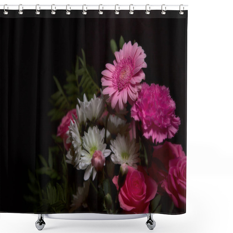 Personality  A Bouquet Of Pink Carnations And Rose With White Chrysantemums And Pink Gerberas On Black Background Shower Curtains