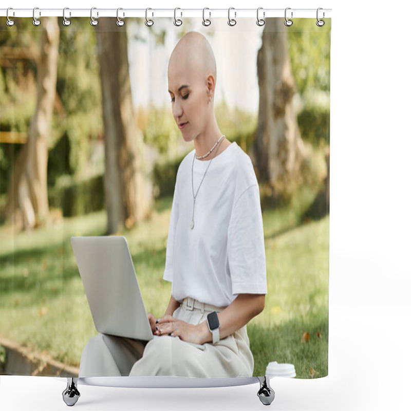 Personality  A Young Bald Woman In Elegant Attire Focuses Intently On Her Laptop While Sitting Outdoors. Shower Curtains