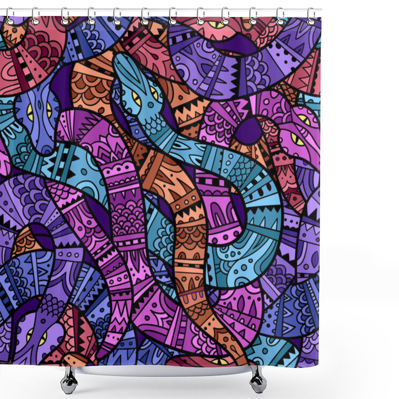 Personality  Colorful Seamless Pattern Of Snakes With Decorative Tribal Ornament On Their Skin. Ball Of Snakes In Ethnic Style. Shower Curtains