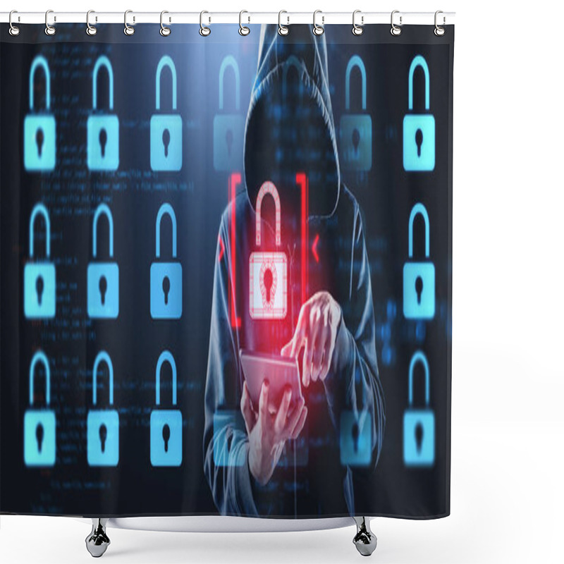 Personality  A Hacker In A Hooded Outfit Uses A Tablet Surrounded By Glowing Padlocks On A Digital Background, Symbolizing Cybersecurity Threats And Hacking Shower Curtains