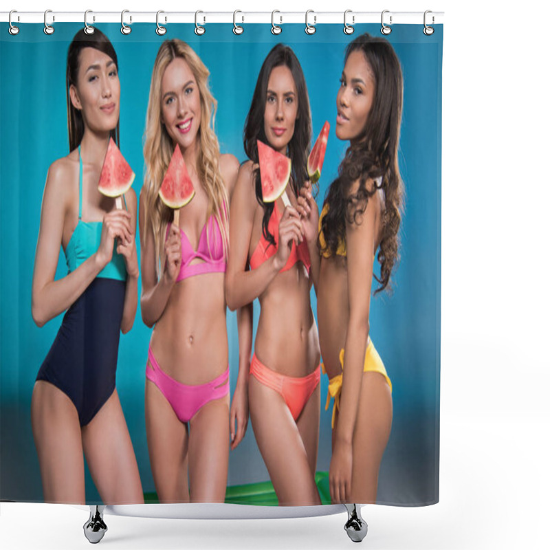 Personality  Women In Swimsuits Posing With Watermelon Slices Shower Curtains