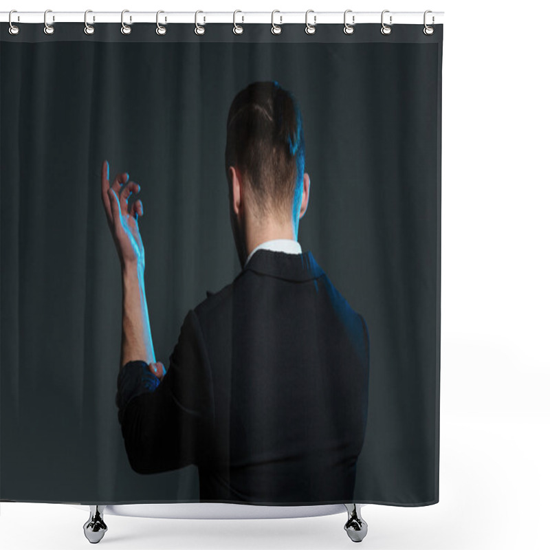 Personality  Back View Of Young Man Magician Standing With Raised Hand Shower Curtains