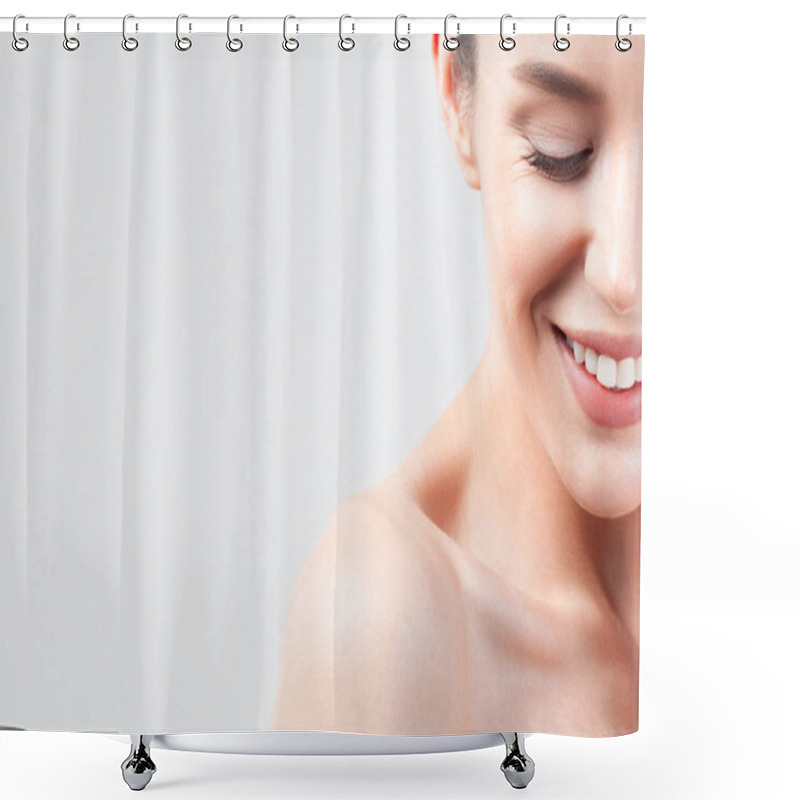 Personality  Portrait Of Young Beautiful Woman With Clean Perfect Skin. Beauty And Skin Care Concept Shower Curtains