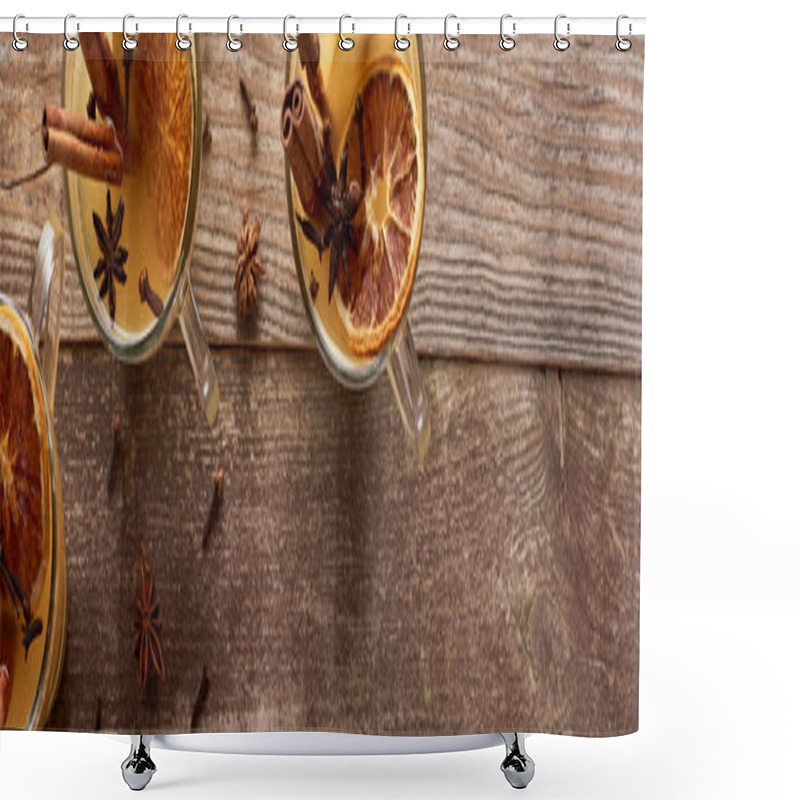 Personality  Top View Of Warm Pear Mulled Wine With Spices And Dried Citrus On Wooden Rustic Table, Panoramic Shot Shower Curtains