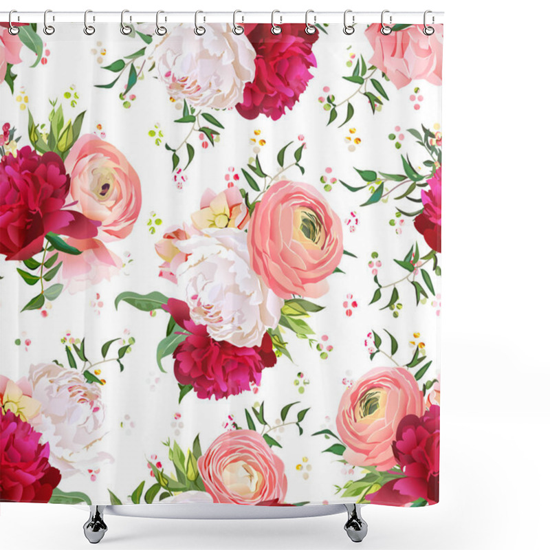 Personality  Burgundy Red And White Peonies, Ranunculus, Rose Seamless Vector Shower Curtains