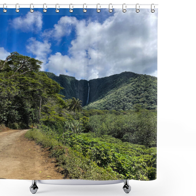 Personality  A Dirt Trail Leads Through The Tropical Forest With A Lush Mountain Waterfall In The Background. There's A Bright Blue Sky And Puffy White Clouds Above. Tropical Palm Trees And Foliage Line The Path. Shower Curtains