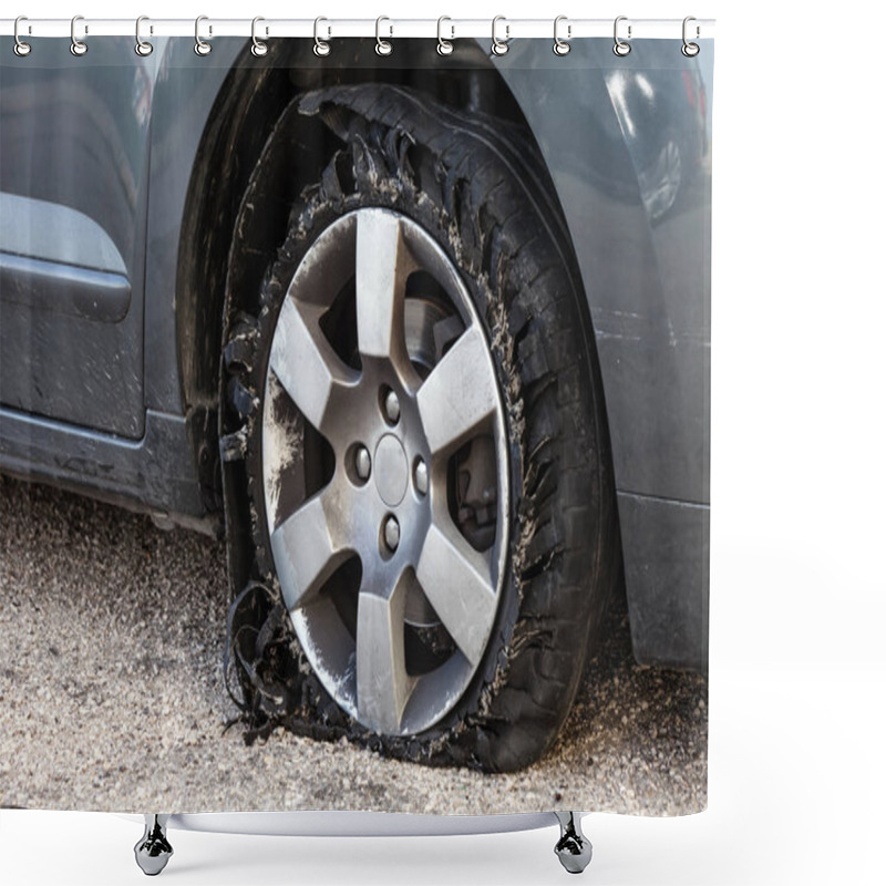 Personality  Destroyed Blown Out Tire With Exploded, Shredded And Damaged Rubber On A Modern Suv Automobile. Flat Low Profile Tyre On An Alloy Rim, Ripped Open In Pieces With Visible Interior. Shower Curtains