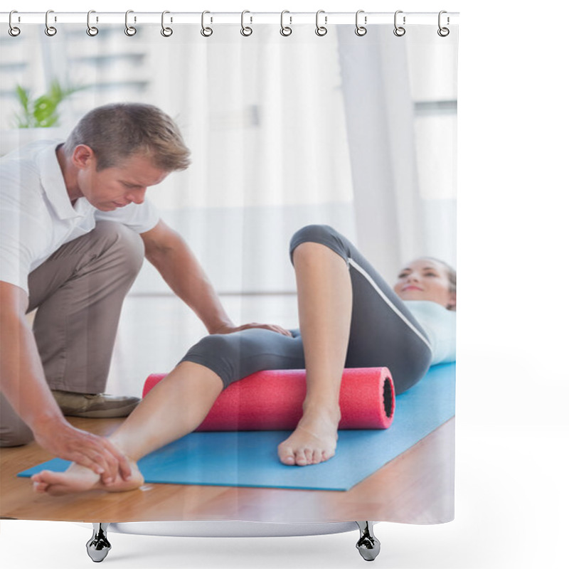 Personality  Trainer Working With Woman On Exercise Mat  Shower Curtains