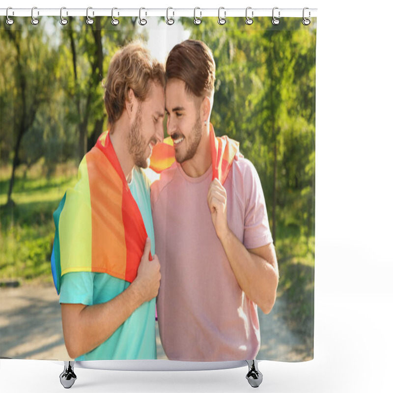 Personality  Happy Gay Couple With Rainbow Flag Outdoors Shower Curtains