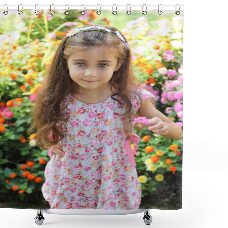 Personality  A Pretty Girl With Brown Hair And Light Green Eyes, Wearing A Flowery Dress, Happy And Smiling Holding Two Flowers In The City Of Alicante Shower Curtains