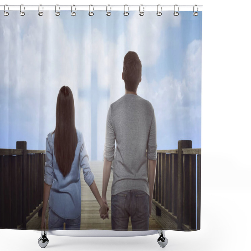 Personality  Asian Couple Looking At Bright Cross Sign Shower Curtains