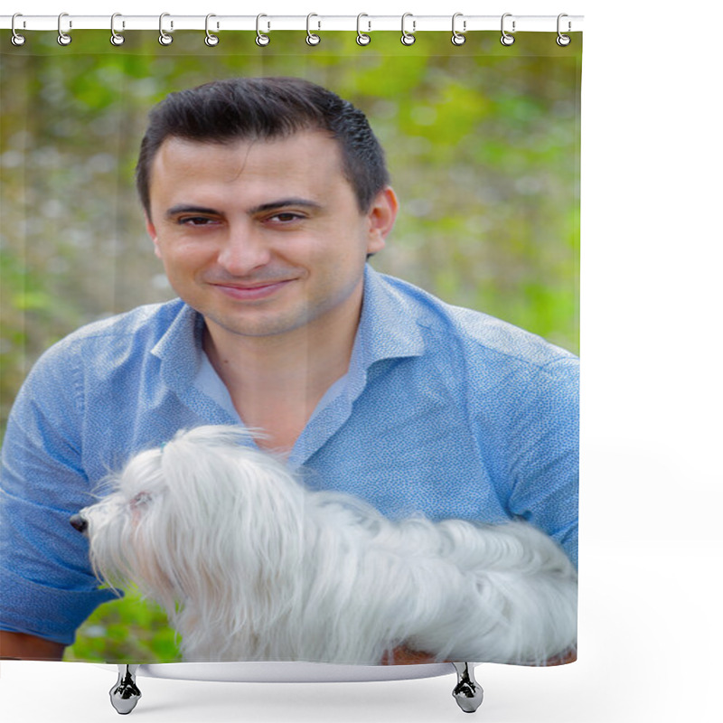 Personality  Man Portrait With Dog Shower Curtains