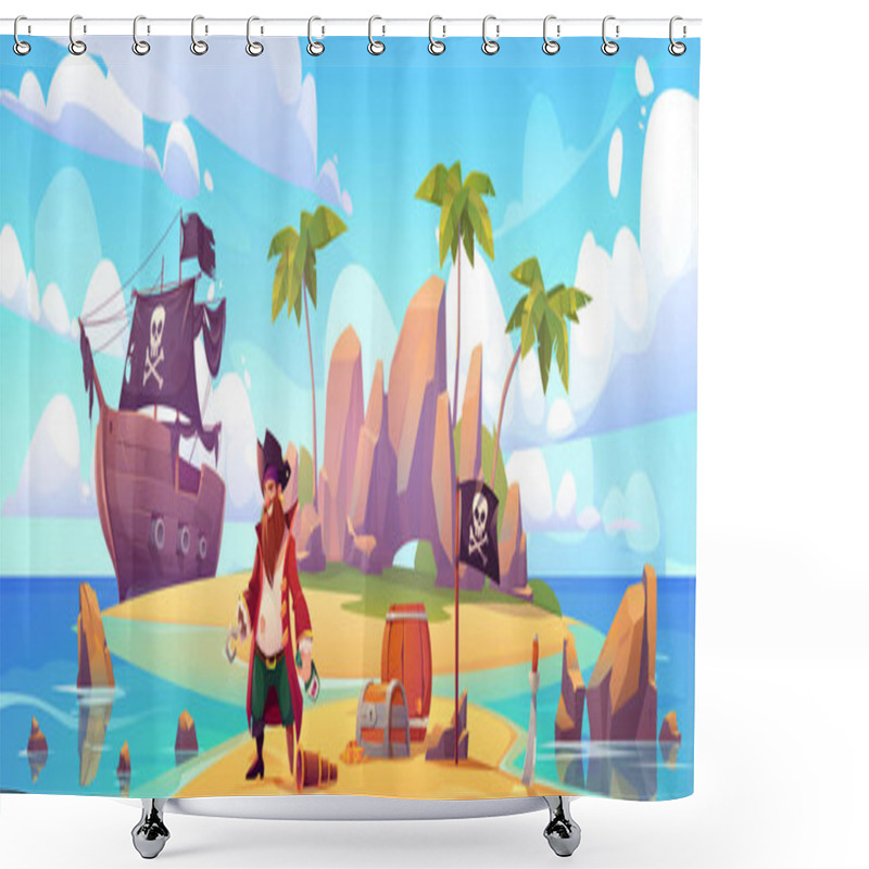 Personality  Pirate On Island With Treasure, Filibuster Captain Shower Curtains