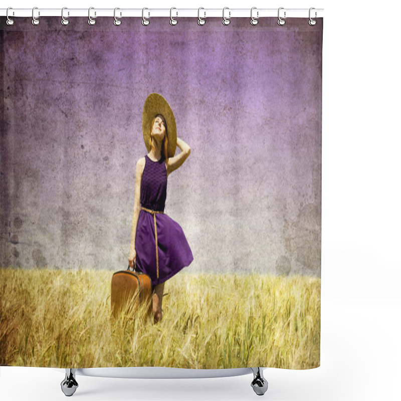 Personality  Lonely Girl With Suitcase At Country. Shower Curtains