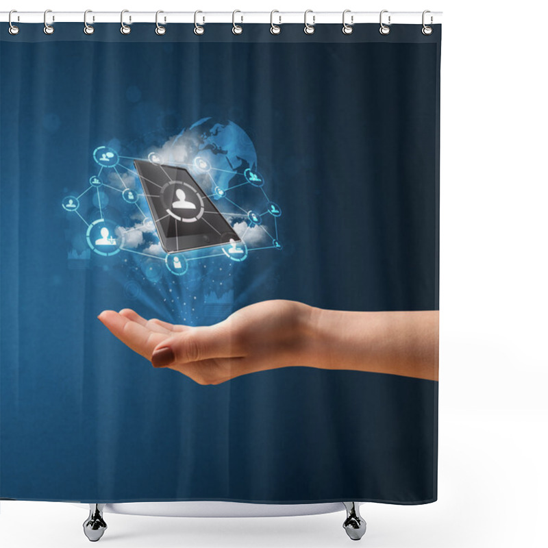 Personality  Cloud Technology In The Hand Of A Woman Shower Curtains