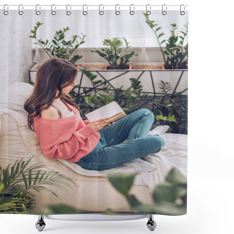 Personality  Selective Focus Of Young Woman Reading Book While Sitting With Crossed Legs Near Green Plants At Home Shower Curtains