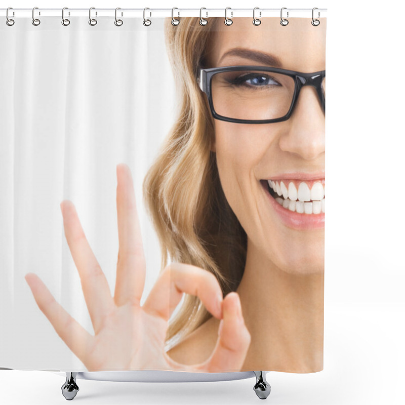 Personality  Businesswoman With Okay Gesture, Isolated Shower Curtains