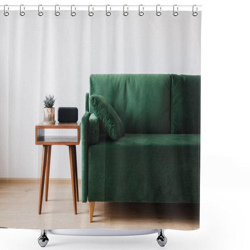 Personality  Green Sofa With Pillow And Wooden Coffee Table With Plant And Alarm Clock Shower Curtains