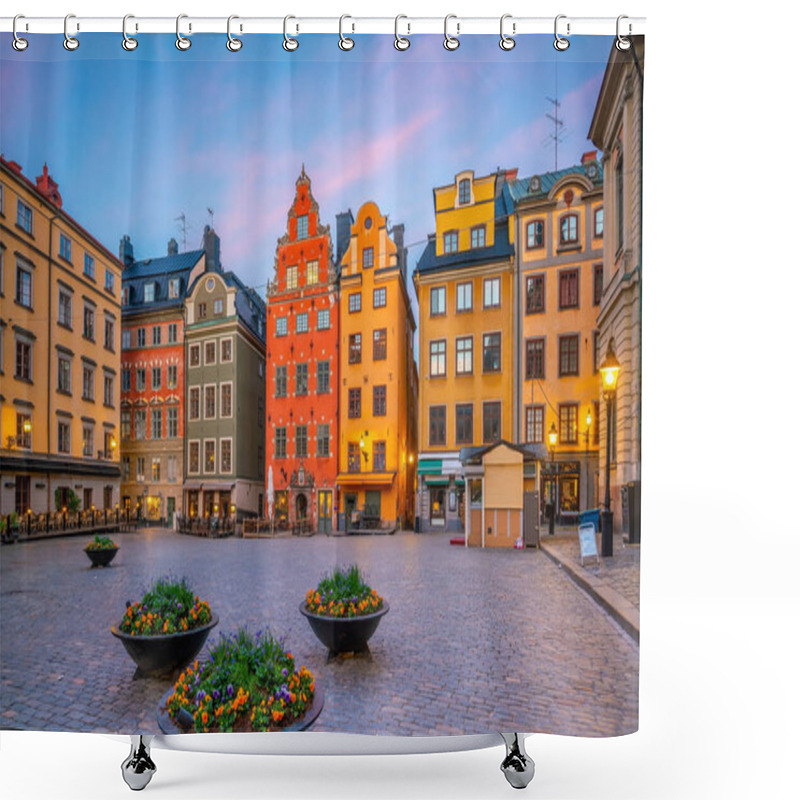 Personality  Stockholm Old Town City Skyline, Cityscape Of Sweden At Sunset Shower Curtains