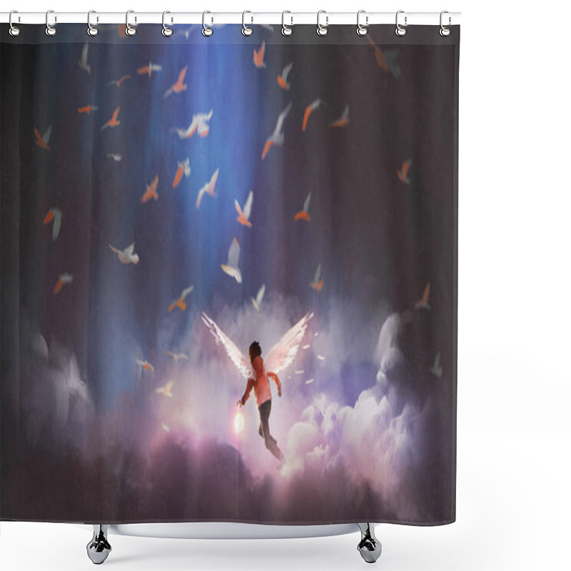 Personality  Boy With Angel Wings Holding A Glowing Ball Running Through Group Of Birds, Digital Art Style, Illustration Painting Shower Curtains