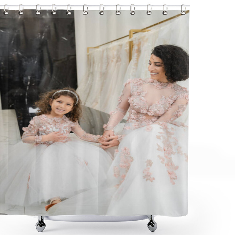 Personality  Brunette Middle Eastern Woman With Wavy Hair Looking At Cheerful Girl And Smiling Near White Wedding Dresses In Bridal Salon, Floral, Mother And Daughter, Happiness, Shopping, Wedding Day  Shower Curtains