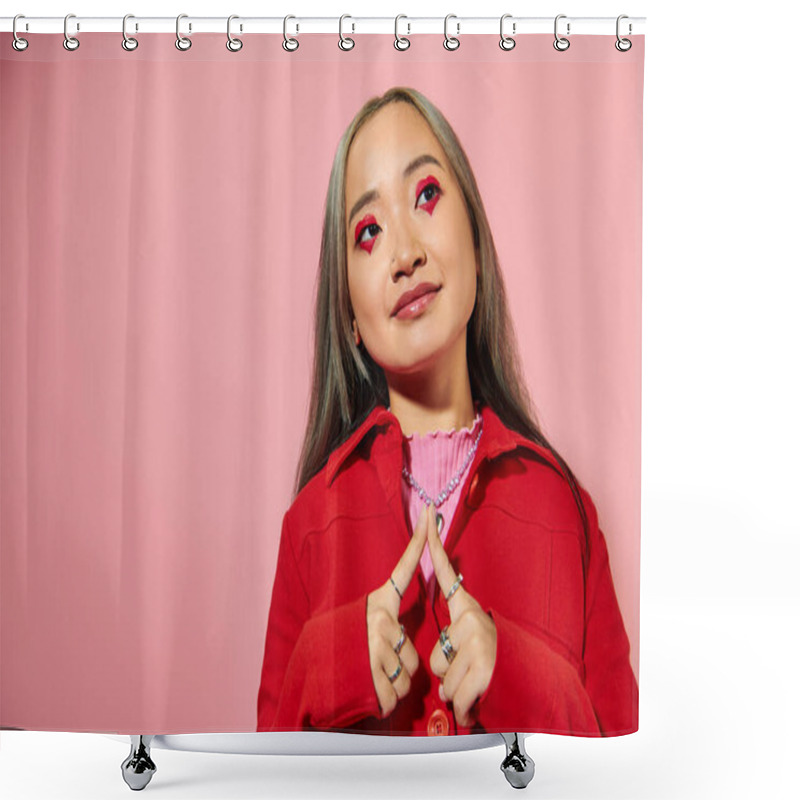 Personality  Pleased Young Asian Woman With Heart Shaped Eye Makeup Smiling And Looking Away On Pink Backdrop Shower Curtains