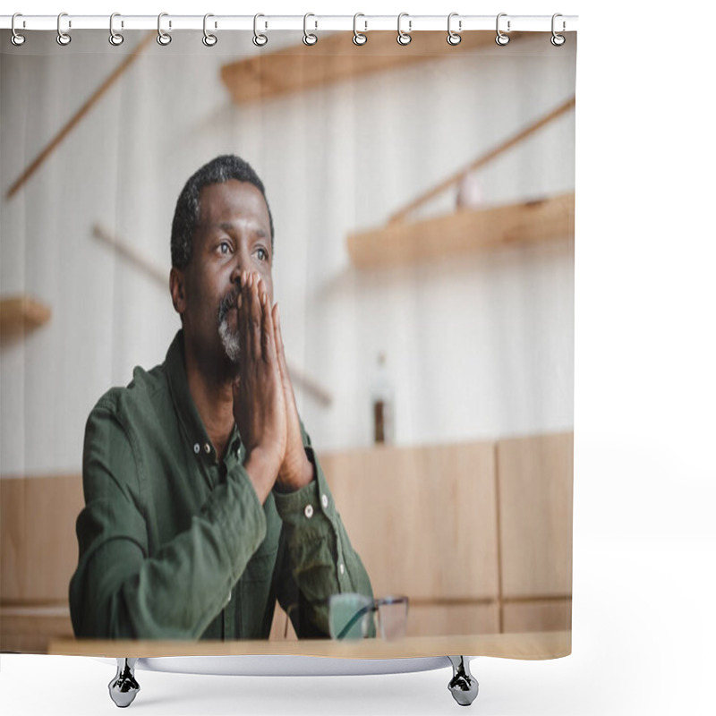 Personality  Thoughtful Mature Man Sitting In Cafe Shower Curtains