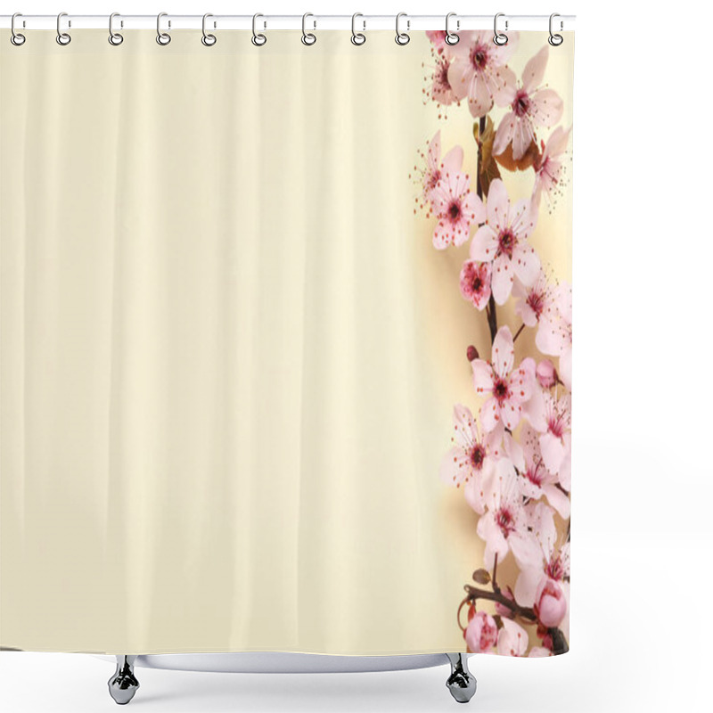 Personality  Blossoming Spring Tree Branch As Border On Beige Background, Flat Lay. Space For Text Shower Curtains