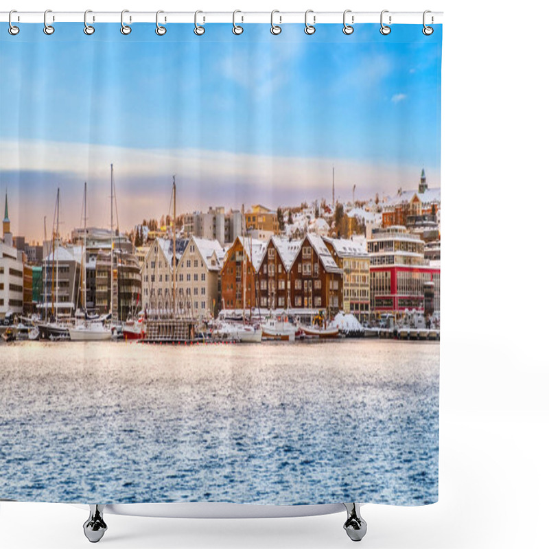 Personality  Tromso Harbor At Sunset In Winter, Norway. View Of Scandinavian Buildings And Boats In Port Of Tromso. Snowy Winter Landscape In Arctic Circle Town In Far Northern Norway. Shower Curtains