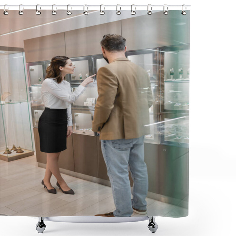 Personality  Seller Pointing At Accessories In Showcase Near Man In Jewelry Shop  Shower Curtains