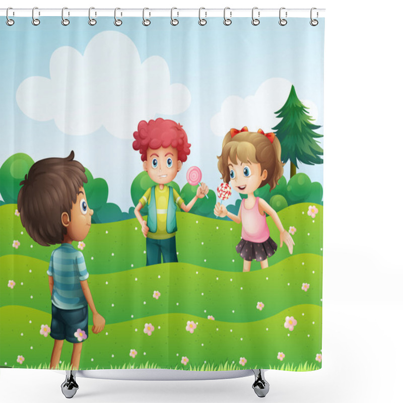 Personality  Three Kids At The Top Of The Hills Shower Curtains