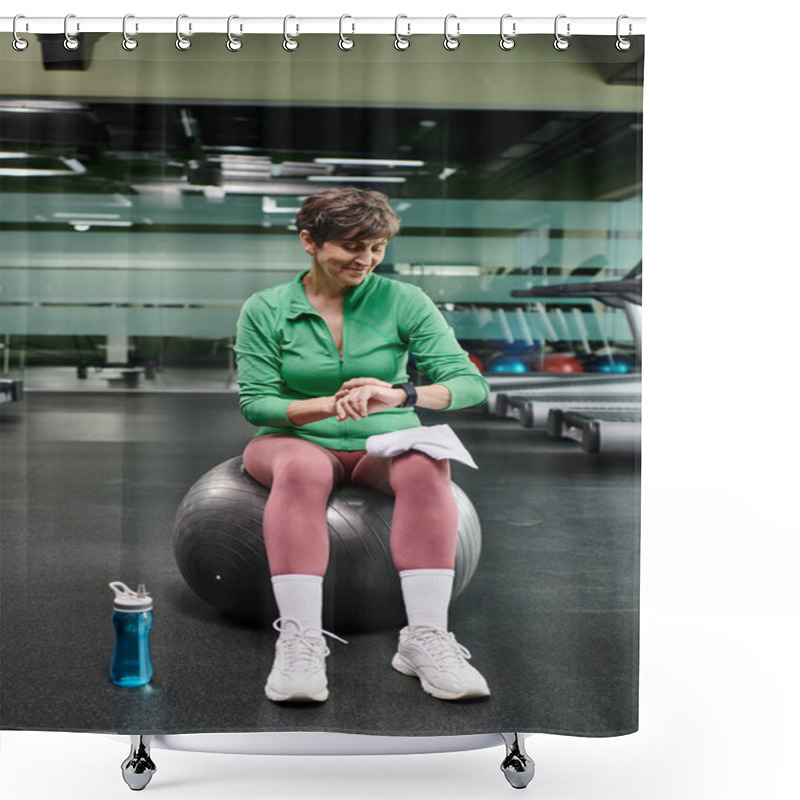 Personality  Happy Elderly Woman Sitting On Fitness Ball, Looking At Fitness Watch After Workout, Sports Bottle Shower Curtains