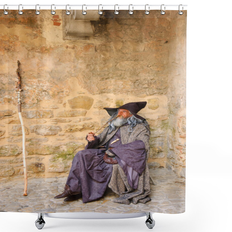 Personality  OBIDOS, PORTUGAL - APRIL 30, 2015: Unidentified Senior Actor Performs As Gandalf From The Lord Of The Rings Entertaining The Tourists At The Gate Of Medieval Town Of Obidos. Shower Curtains