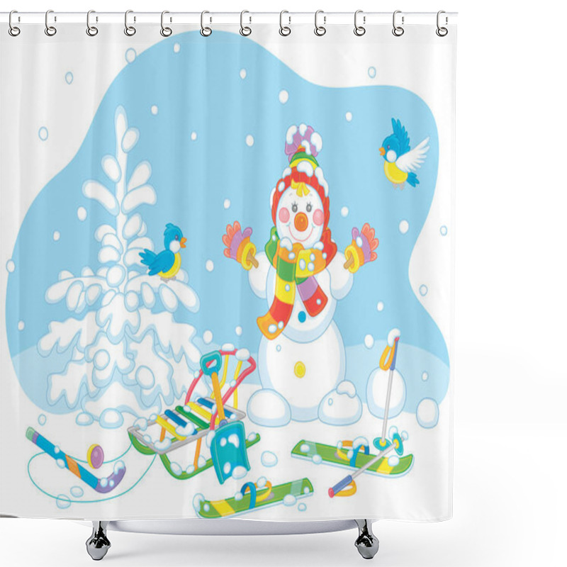 Personality  Cheerful Small Birds Flying Around A Smiling Cute Toy Snowman With A Warm Colorful Scarf And A Hat, Skis And A Sledge On A Snowy Playground In A White Winter Park, Vector Cartoon Illustration Shower Curtains