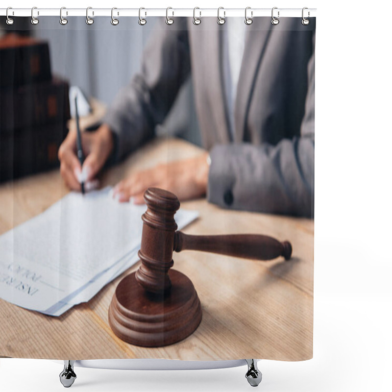 Personality  Cropped View Of Judge Signing Insurance Policy Document Near Gavel  Shower Curtains