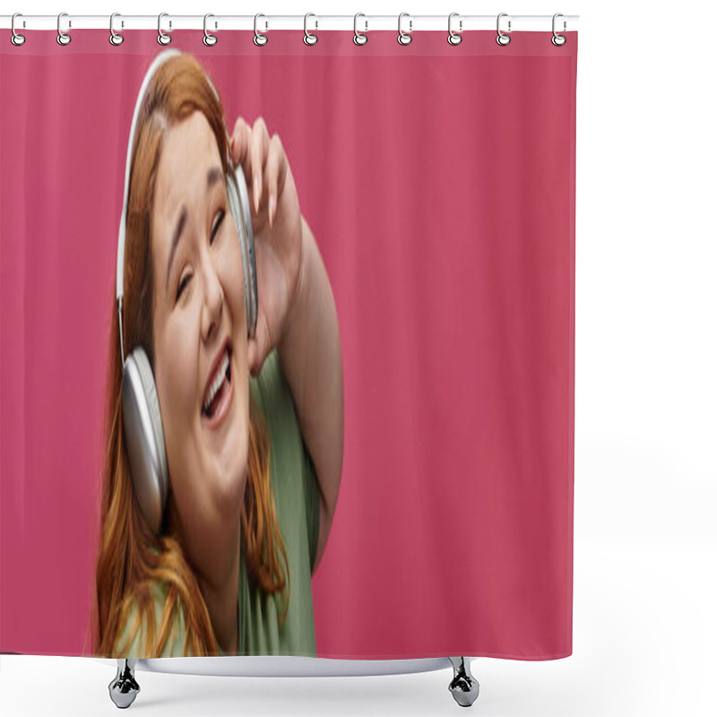 Personality  A Plus Size Woman Smiles And Sings With Headphones On. Shower Curtains