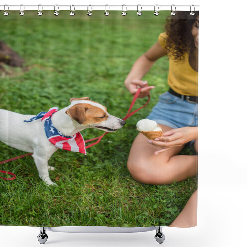 Personality  Cropped View Of Young Woman Keeping Dog On Leash And Holding Ice Cream Shower Curtains