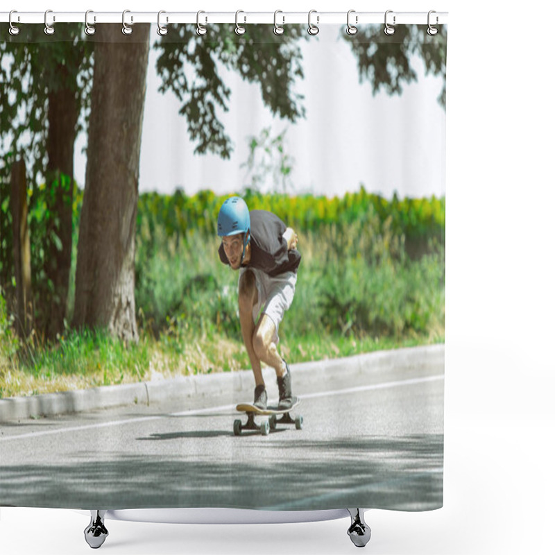 Personality  Skateboarder Doing A Trick At The Citys Street In Sunny Day Shower Curtains