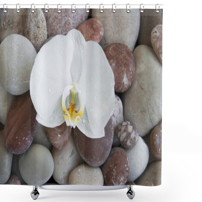 Personality  White Orchid On A Beach Stones Shower Curtains