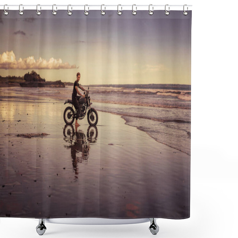 Personality  Handsome Tattooed Biker Sitting On Motorbike On Ocean Beach During Sunrise Shower Curtains