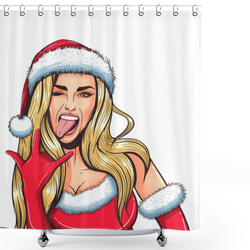 Personality  Pop Art Christmas Sexy Woman In Santa Claus Hat With Open Mouth. Shower Curtains