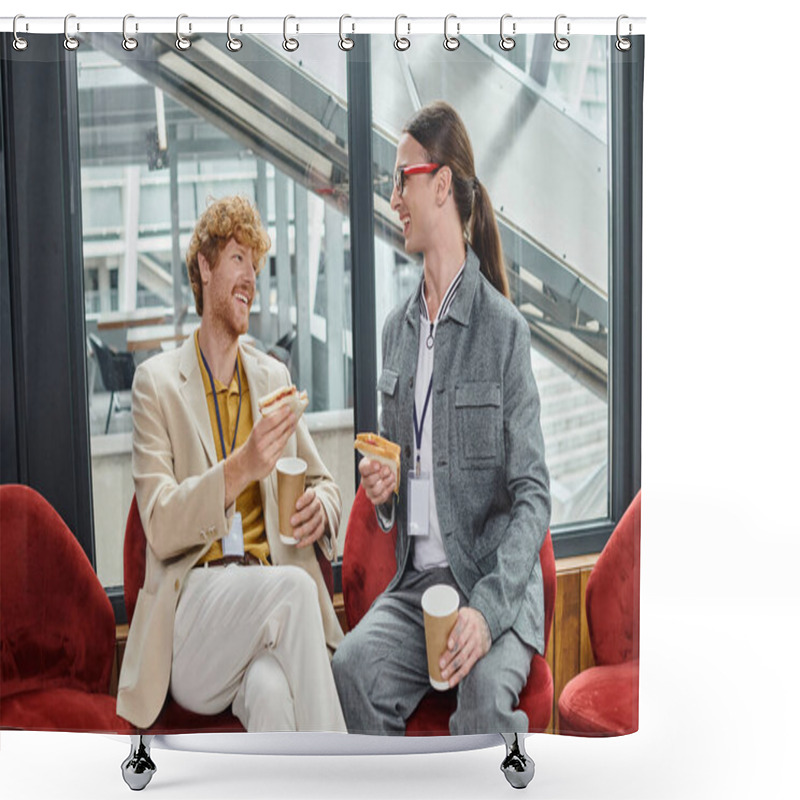 Personality  Two Young Male Coworkers At Lunch Break Talking And Enjoying Coffee With Sandwiches, Coworking Shower Curtains