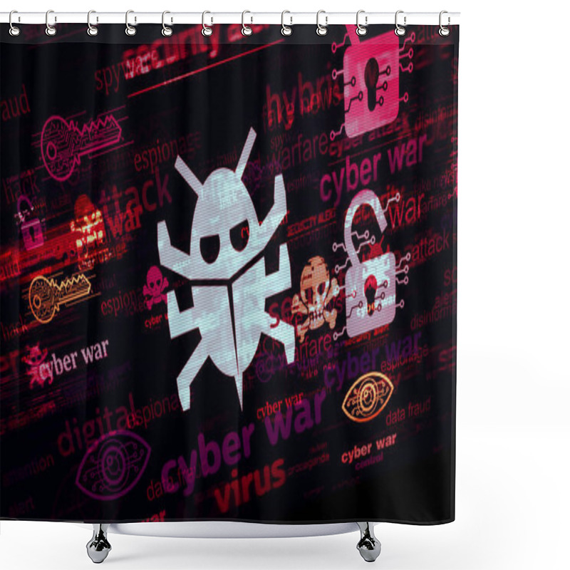 Personality  Cyber War And Hybrid Conflict Symbol Technology Concept. Abstract Sign On Glitch Screens 3d Illustration. Shower Curtains