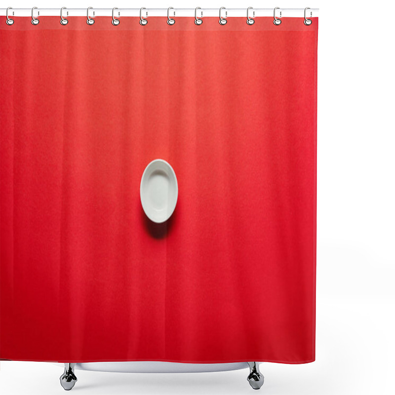 Personality  Top View Of White Empty Bowl For Soya Sauce On Red Backdrop Shower Curtains