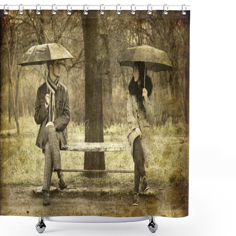 Personality  Two Sitting At Bench In Rainy Day. Photo In Old Image Style. Shower Curtains